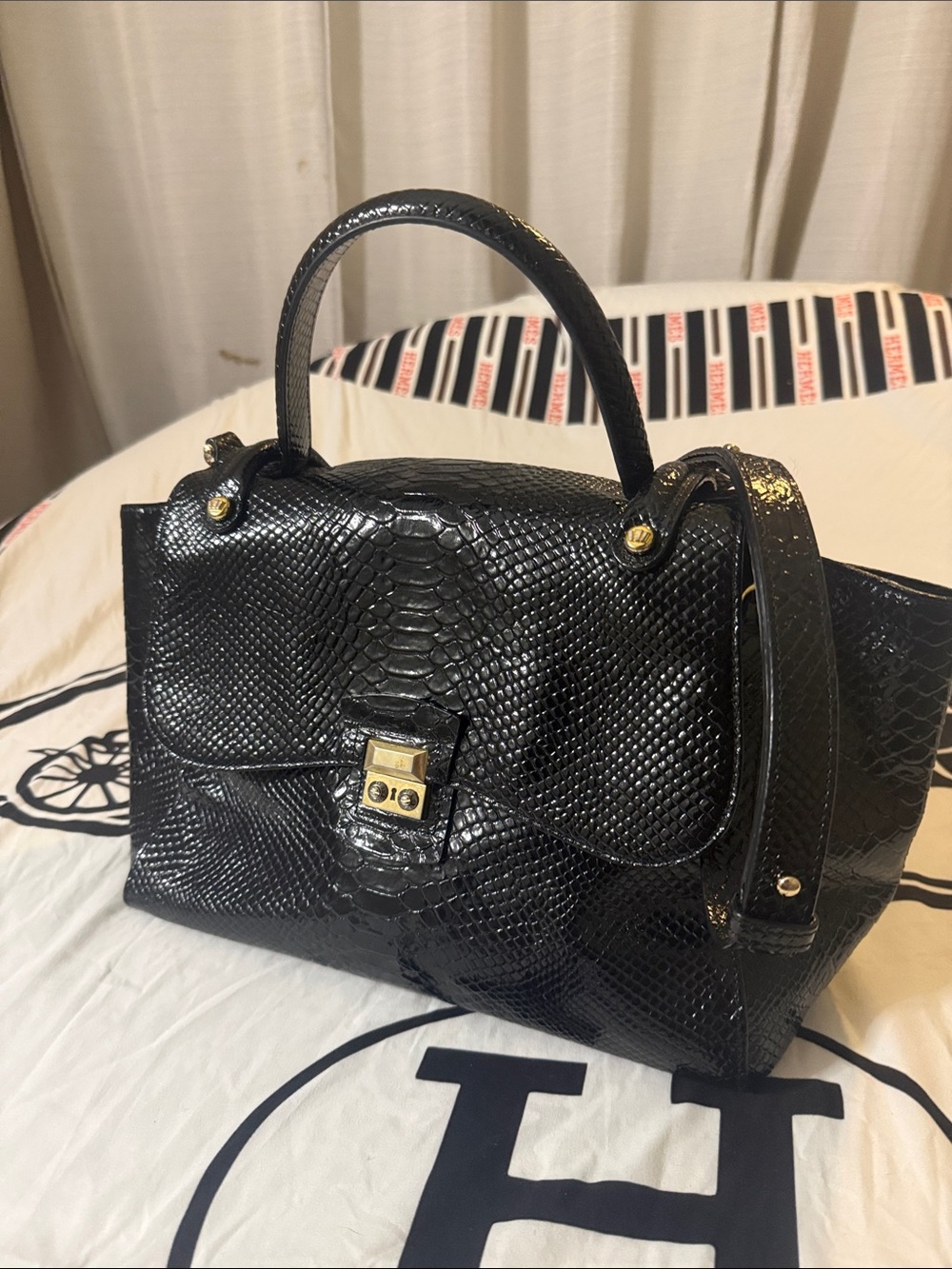 henri bendel Black Textured Satchel with Gold Hardware